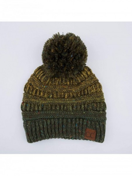 Skullies & Beanies Exclusives Unisex Ribbed Confetti Knit Beanie (HAT-33) - Olive Pom - CX18RZYE69K $15.73