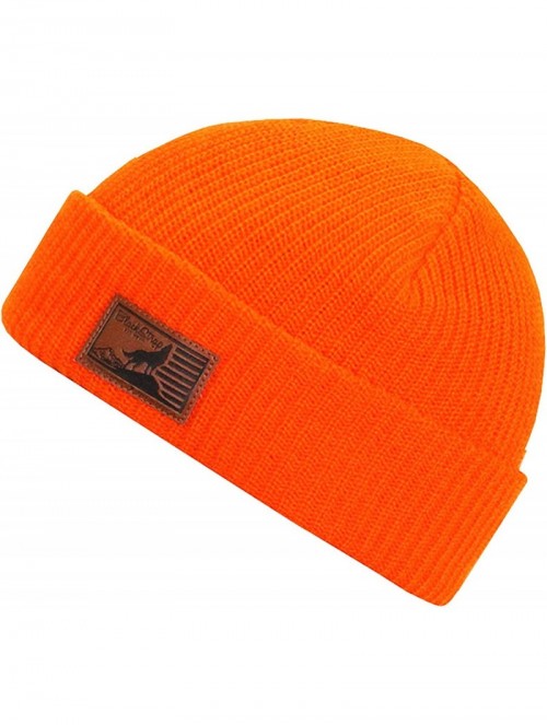 Skullies & Beanies Tread Beanie with Real Leather Patch- Multi-Season Headwear for Men and Women (One Size) - Bright Orange -...