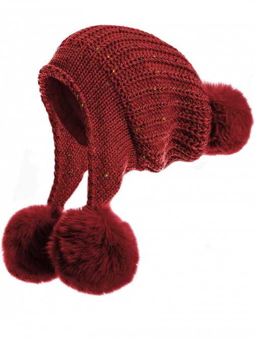 Skullies & Beanies Women's Thick Winter Ski Hat Peruvian Knitted Lined Pompom Beanie Earflap Snow Cap - Red Sprinkle - C91957...