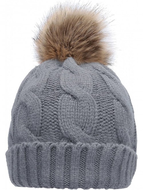 Skullies & Beanies Women's Winter Ribbed Knit Faux Fur Pompoms Chunky Lined Beanie Hats - A Twist Light Grey - C6184RQ6YSK $1...