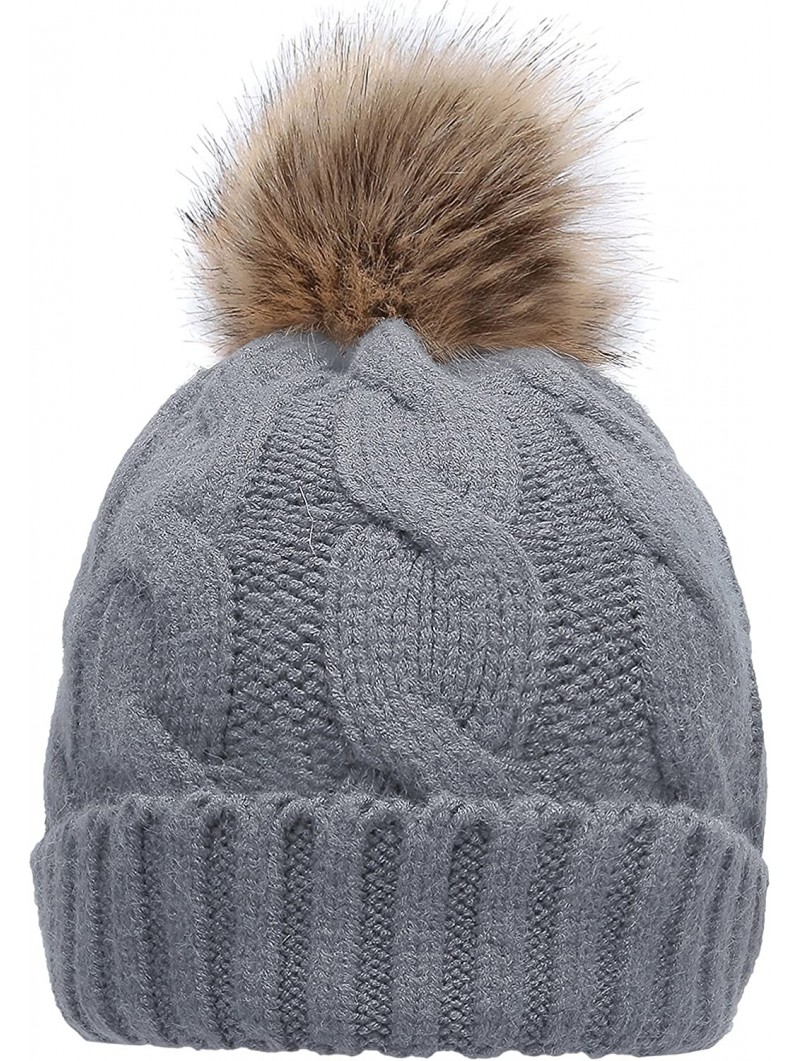 Skullies & Beanies Women's Winter Ribbed Knit Faux Fur Pompoms Chunky Lined Beanie Hats - A Twist Light Grey - C6184RQ6YSK $1...