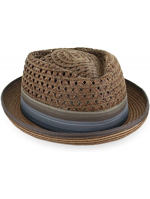 Fedoras Belfry Men Women Summer Straw Porkpie Vented Trilby Fedora Hat in Blue Tan Black Brown Burgundy - Chocolate - CI19367...