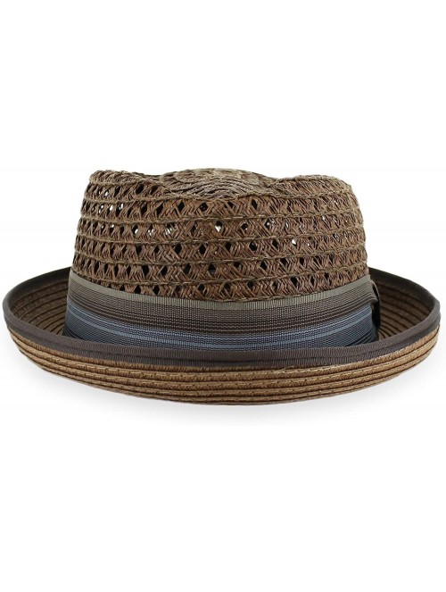 Fedoras Belfry Men Women Summer Straw Porkpie Vented Trilby Fedora Hat in Blue Tan Black Brown Burgundy - Chocolate - CI19367...