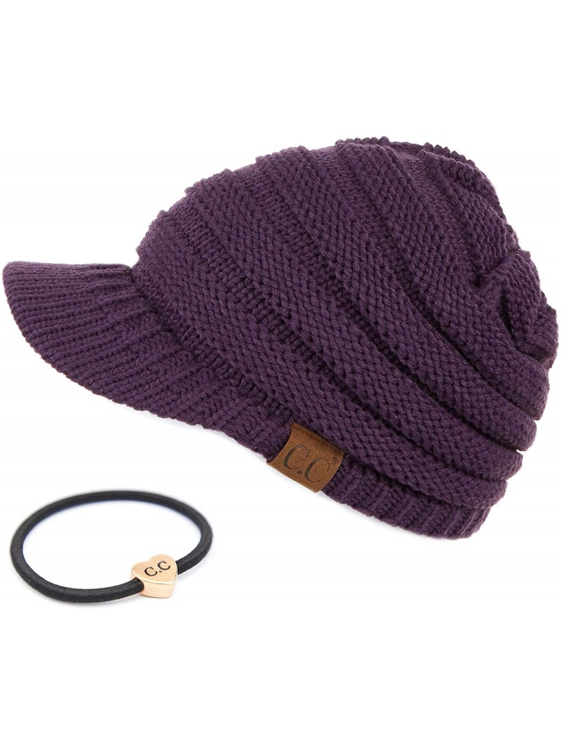 Visors Hatsandscarf Exclusives Women's Ribbed Knit Hat with Brim (YJ-131) - Dk Purple With Ponytail Holder - C618XGK2UGU $16.79