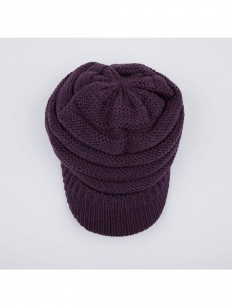 Visors Hatsandscarf Exclusives Women's Ribbed Knit Hat with Brim (YJ-131) - Dk Purple With Ponytail Holder - C618XGK2UGU $16.79