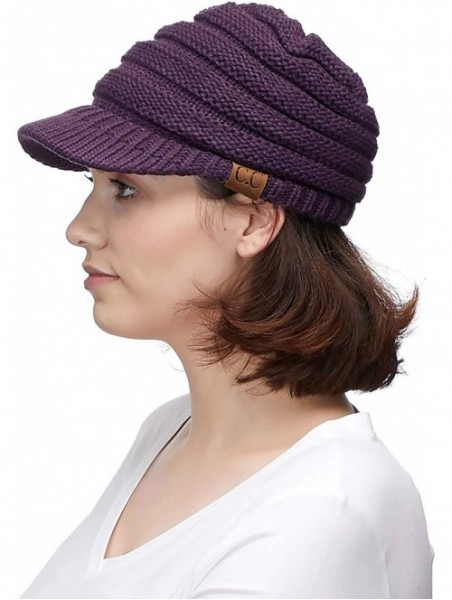 Visors Hatsandscarf Exclusives Women's Ribbed Knit Hat with Brim (YJ-131) - Dk Purple With Ponytail Holder - C618XGK2UGU $16.79