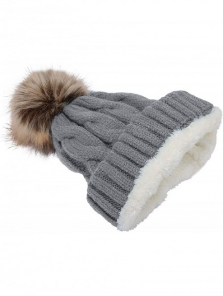 Skullies & Beanies Women's Winter Ribbed Knit Faux Fur Pompoms Chunky Lined Beanie Hats - A Twist Light Grey - C6184RQ6YSK $1...