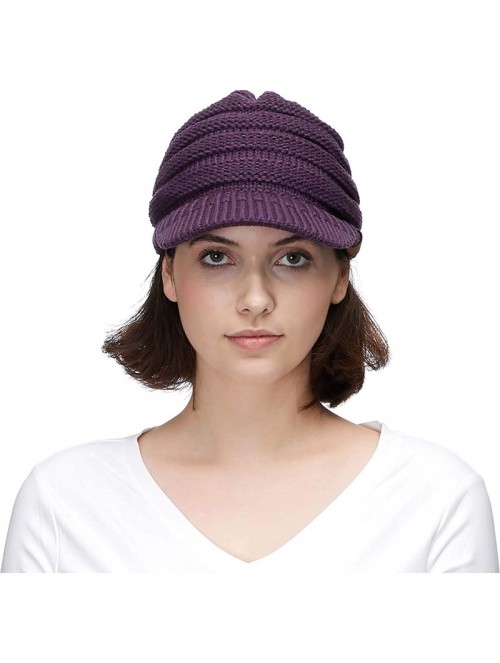 Visors Hatsandscarf Exclusives Women's Ribbed Knit Hat with Brim (YJ-131) - Dk Purple With Ponytail Holder - C618XGK2UGU $16.79