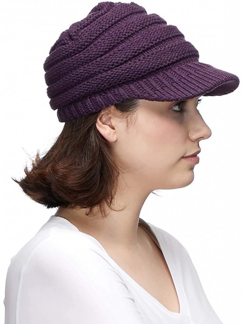 Visors Hatsandscarf Exclusives Women's Ribbed Knit Hat with Brim (YJ-131) - Dk Purple With Ponytail Holder - C618XGK2UGU $16.79