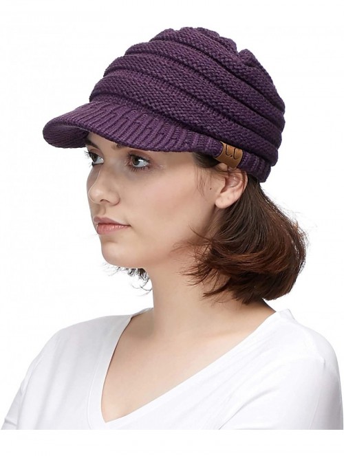 Visors Hatsandscarf Exclusives Women's Ribbed Knit Hat with Brim (YJ-131) - Dk Purple With Ponytail Holder - C618XGK2UGU $16.79