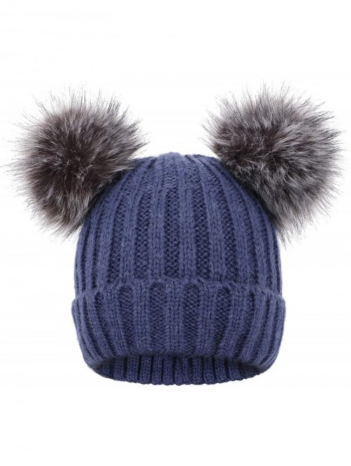 Skullies & Beanies Womens Winter Thick Cable Knit Beanie Hat with Faux Fur Pompom Ears - Navy Beanie With Black Grey Pompom -...
