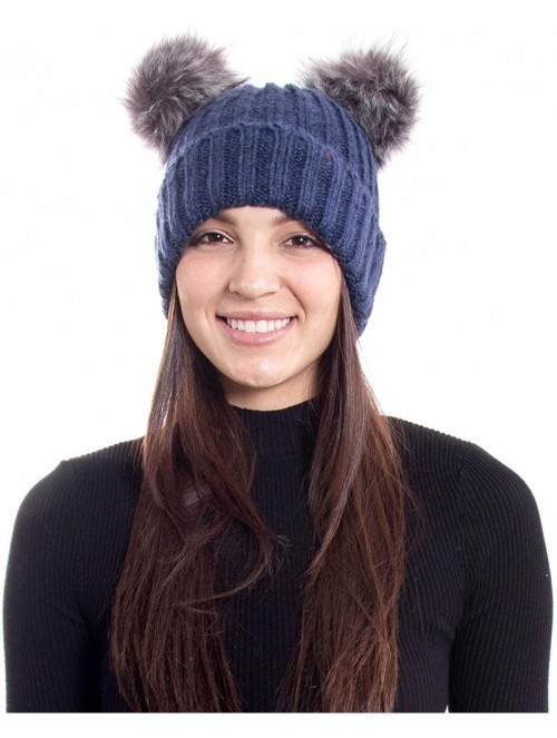 Skullies & Beanies Womens Winter Thick Cable Knit Beanie Hat with Faux Fur Pompom Ears - Navy Beanie With Black Grey Pompom -...