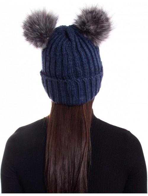 Skullies & Beanies Womens Winter Thick Cable Knit Beanie Hat with Faux Fur Pompom Ears - Navy Beanie With Black Grey Pompom -...