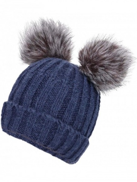 Skullies & Beanies Womens Winter Thick Cable Knit Beanie Hat with Faux Fur Pompom Ears - Navy Beanie With Black Grey Pompom -...