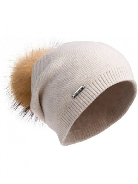 Skullies & Beanies Women's Slouchy Beanie Hat with Fur Pompom Warm Winter Hat - Beige( Gold Pompom) - CV185K7TQZE $18.87