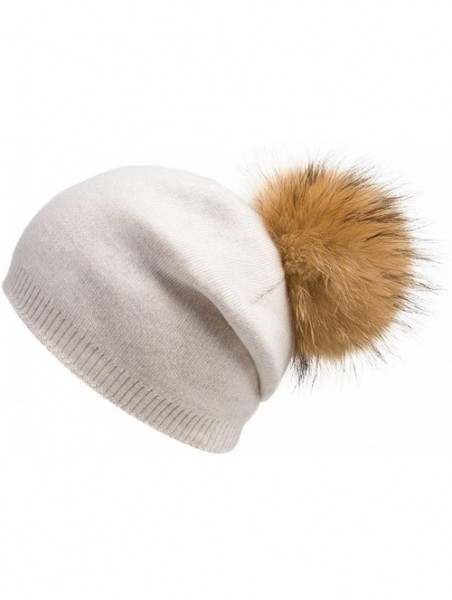 Skullies & Beanies Women's Slouchy Beanie Hat with Fur Pompom Warm Winter Hat - Beige( Gold Pompom) - CV185K7TQZE $18.87