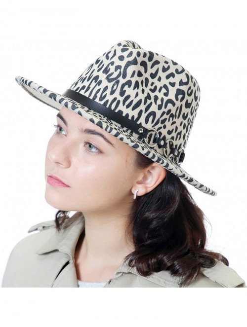 Fedoras Women Gold Belt Buckle Wool Felt Fedora Hat Winter Fashion Dress Panama Hat - Z- Beige Leopard Print - CC18A62246U $2...