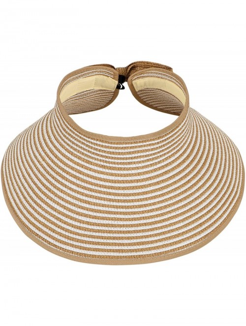 Sun Hats Women Mens UPF 50+ Wide Brim Starw Sun Hat Roll Up Panama Fedora Beach Hat - Beige White Stripes - CA18E30R46Y $15.86