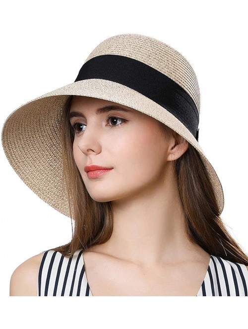 Sun Hats Packable Straw Floppy Fedora Panama Derby Beach Sun Hat for Women Band Ribbon 55-58cm - Beige Mix_69087 - CV18SQ90XO...
