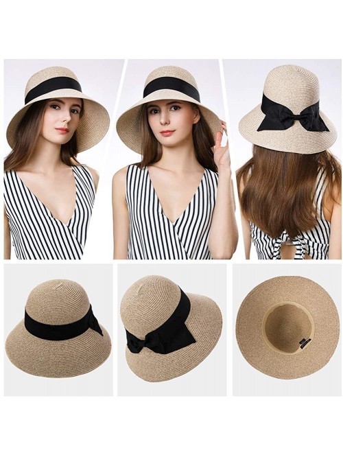 Sun Hats Packable Straw Floppy Fedora Panama Derby Beach Sun Hat for Women Band Ribbon 55-58cm - Beige Mix_69087 - CV18SQ90XO...