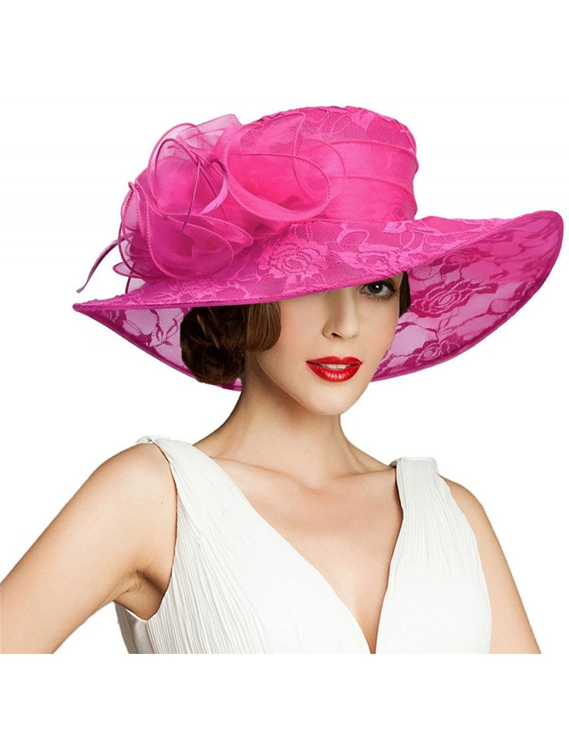 Sun Hats Womens Lace Floppy Wide Brim Sun Hat Kentucky Derby Party A440 - Hot Pink - CI182OCQUC8 $36.64