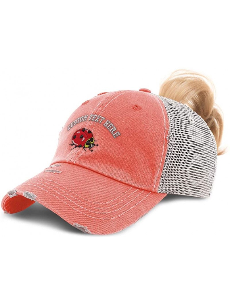 Baseball Caps Custom Womens Ponytail Cap Ladybug Embroidery Messy Bun Distressed Trucker Hats - Coral Personalized Text Here ...