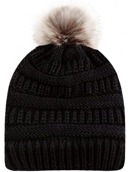 Skullies & Beanies Womens Knit Cap Winter Warm Crochet Knit Faux Fur Pom Pom Beanie Hat - Black - CH18I9LY8CM $9.13