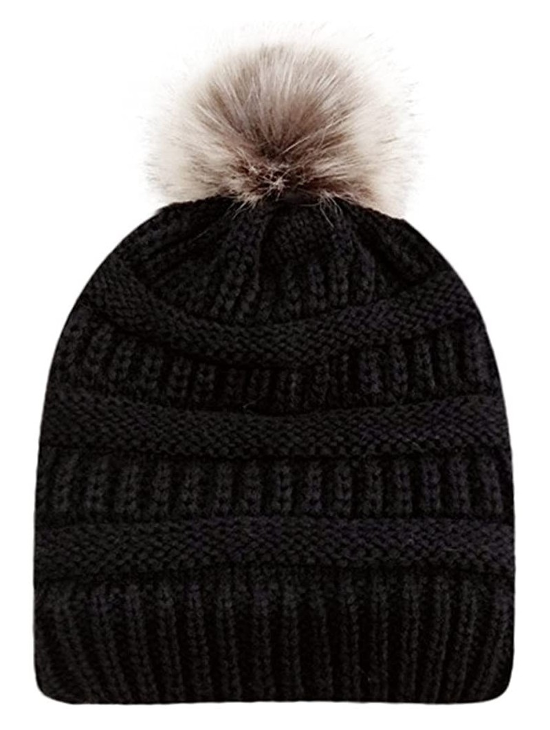 Skullies & Beanies Womens Knit Cap Winter Warm Crochet Knit Faux Fur Pom Pom Beanie Hat - Black - CH18I9LY8CM $9.13