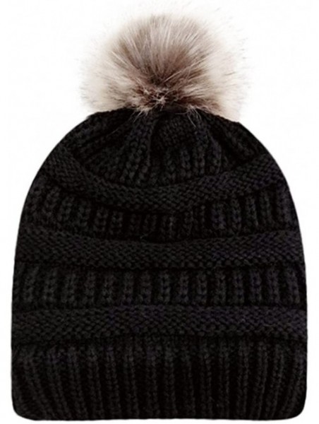 Skullies & Beanies Womens Knit Cap Winter Warm Crochet Knit Faux Fur Pom Pom Beanie Hat - Black - CH18I9LY8CM $9.13