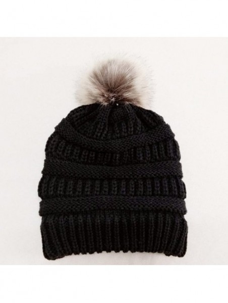 Skullies & Beanies Womens Knit Cap Winter Warm Crochet Knit Faux Fur Pom Pom Beanie Hat - Black - CH18I9LY8CM $9.13