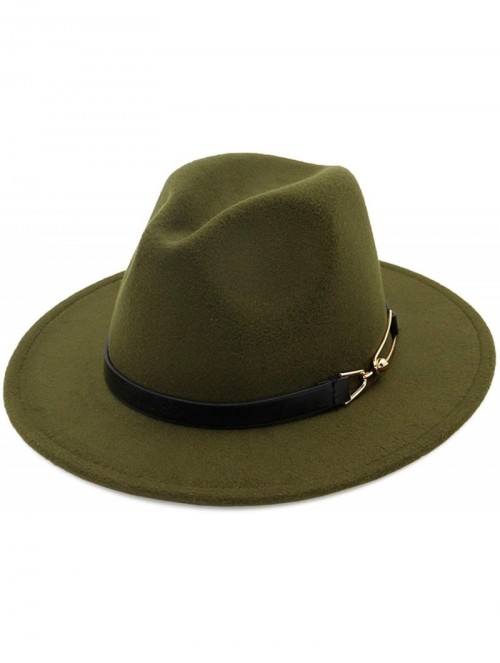 Fedoras Women Men Wool Felt Fedora Hats with Belt Buckle Wide Flat Brim Jazz Party Formal hat Panama Cap - Army Green - CX18O...