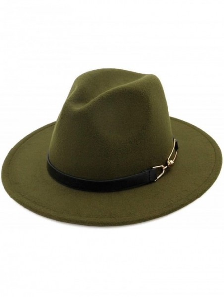 Fedoras Women Men Wool Felt Fedora Hats with Belt Buckle Wide Flat Brim Jazz Party Formal hat Panama Cap - Army Green - CX18O...