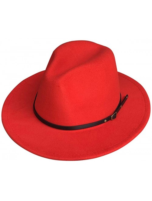 Fedoras Womens Classic Wide Brim Floppy Panama Hat Belt Buckle Fedora Hat - Red - CE18A9N0XUU $18.36