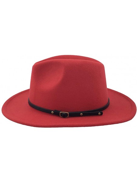 Fedoras Womens Classic Wide Brim Floppy Panama Hat Belt Buckle Fedora Hat - Red - CE18A9N0XUU $18.36