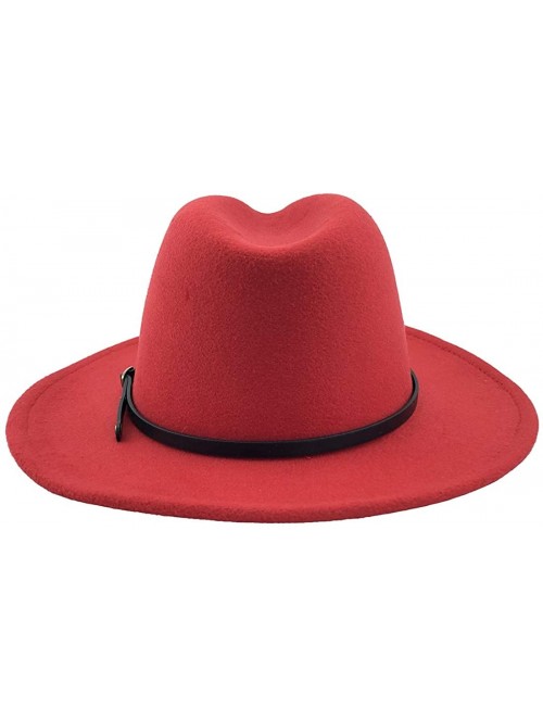 Fedoras Womens Classic Wide Brim Floppy Panama Hat Belt Buckle Fedora Hat - Red - CE18A9N0XUU $18.36