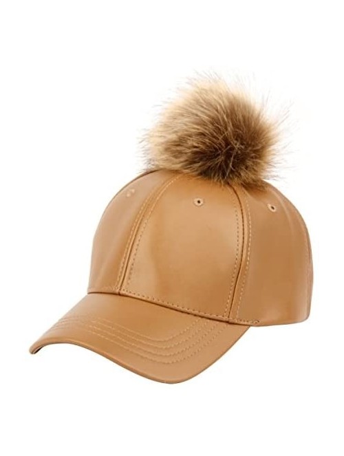 Baseball Caps Faux Leather 6 Panel Pom Pom Baseball Cap - A Khaki - CB1209MQE69 $19.78