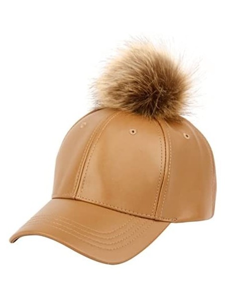 Baseball Caps Faux Leather 6 Panel Pom Pom Baseball Cap - A Khaki - CB1209MQE69 $19.78