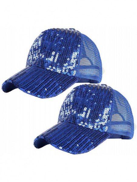 Baseball Caps 2 Pack Unisex Glitter Adjustable Baseball Cap Ponycap Messy Ponytail Mesh Trucker Sun Visor Cap - Dark Blue - C...