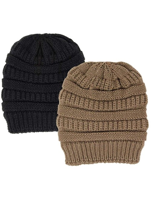 Skullies & Beanies Me Plus Winter Fleece Lined Soft Warm Cable Knitted Beanie Hat for Women & Men - 2 Pack - Black & Taupe - ...