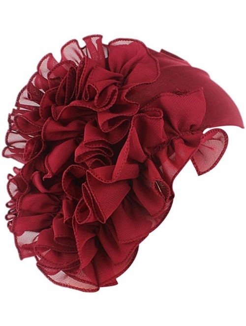 Skullies & Beanies Women Flower Solid Ruffle Cancer Chemo Elegant Hat Beanie Turban African Head Scarf Wrap Cap - Wine Red - ...