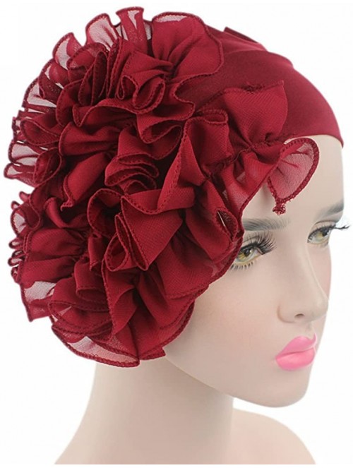 Skullies & Beanies Women Flower Solid Ruffle Cancer Chemo Elegant Hat Beanie Turban African Head Scarf Wrap Cap - Wine Red - ...