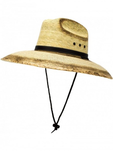 Sun Hats Natural Palm Leaf Straw Super Wide Brim Lifeguard Hat with Chin Strap- Flex Fit (Burnt Stain)- Large - CX184ZAG6MC $...