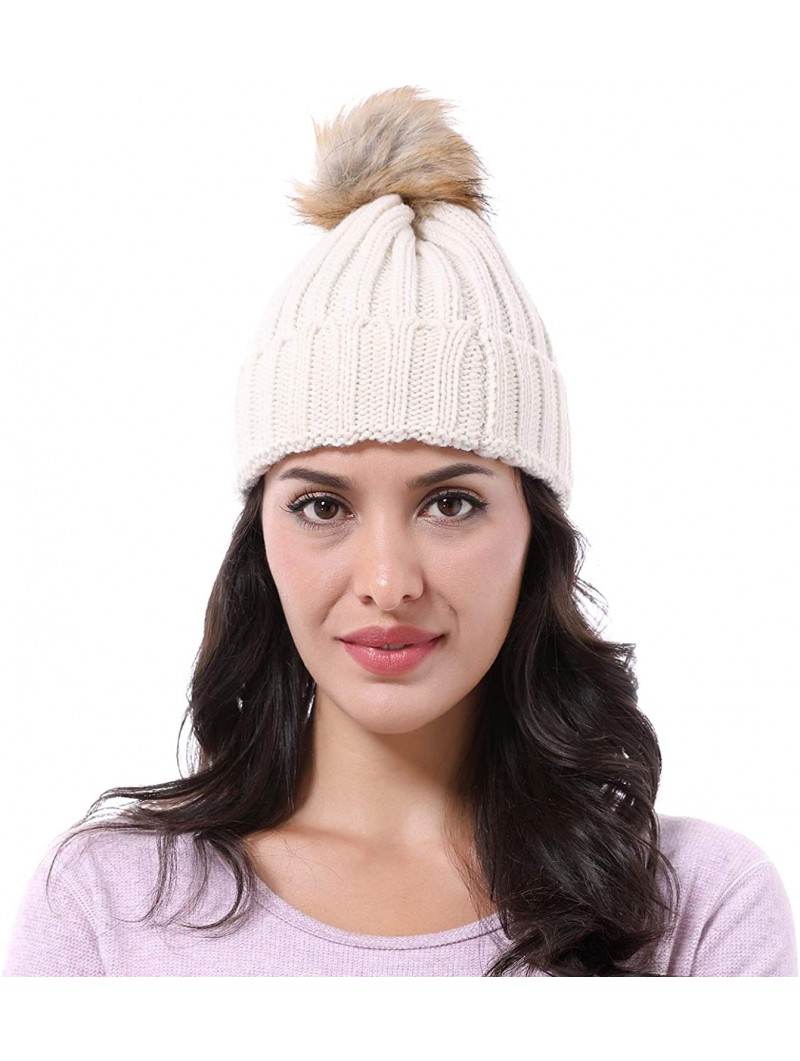 Skullies & Beanies Cable Knit Beanie Warm Faux Fuzzy Fur Pom Pom Skull Ski Cap for Men- Women - Beige - CZ18L6CUQXS $9.26