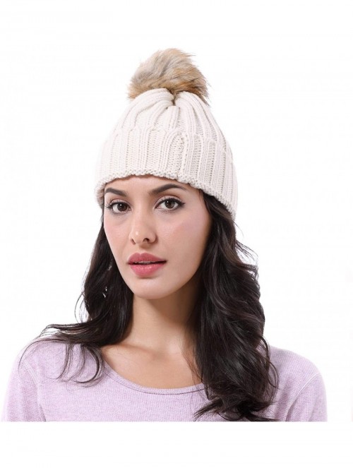 Skullies & Beanies Cable Knit Beanie Warm Faux Fuzzy Fur Pom Pom Skull Ski Cap for Men- Women - Beige - CZ18L6CUQXS $9.26