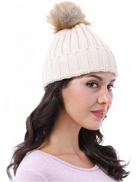 Skullies & Beanies Cable Knit Beanie Warm Faux Fuzzy Fur Pom Pom Skull Ski Cap for Men- Women - Beige - CZ18L6CUQXS $9.26