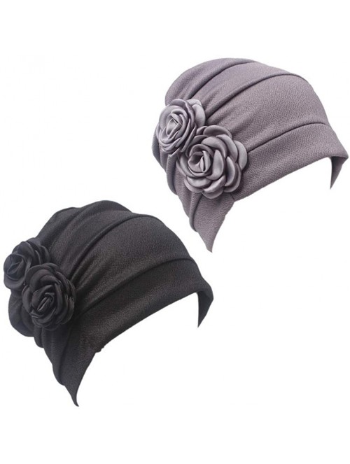 Skullies & Beanies 1Pack / 2Packs Women Flower Elastic Turban Beanie Head Wrap Chemo Cap Hat - Y-2pcs-black+gray - CZ18XWX6W8...