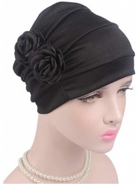 Skullies & Beanies 1Pack / 2Packs Women Flower Elastic Turban Beanie Head Wrap Chemo Cap Hat - Y-2pcs-black+gray - CZ18XWX6W8...