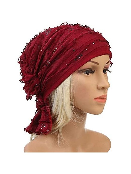 Skullies & Beanies Ruffle Chemo Turban Cancer Headband Scarf Slouchy Beanie Cap Muslim Scarf Headwear for Cancer - Wine 2 - C...