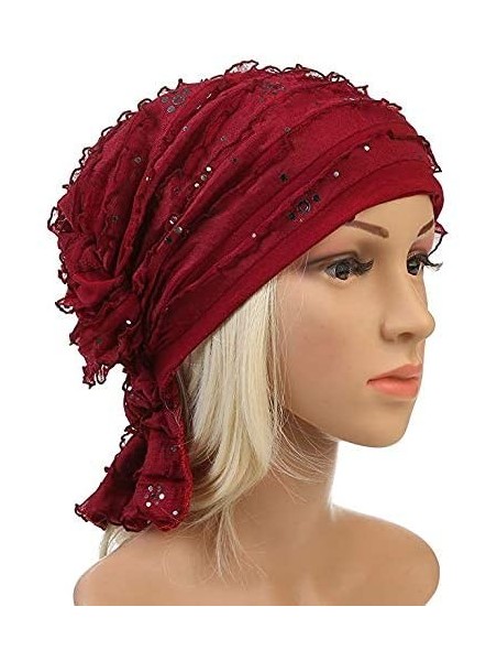 Skullies & Beanies Ruffle Chemo Turban Cancer Headband Scarf Slouchy Beanie Cap Muslim Scarf Headwear for Cancer - Wine 2 - C...