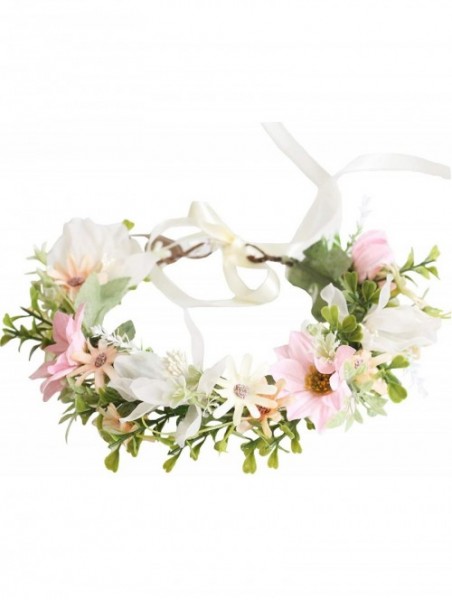 Headbands Floral Garland Crown Hair Wreath Flower Headband Halo Floral Headpiece Boho with Ribbon Wedding Party - B - C71944T...